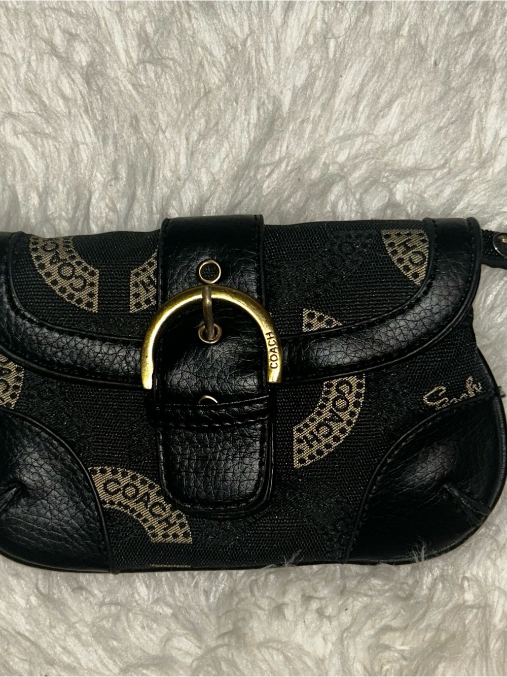 Coach Black Canvas & Leather Clutch with Gold Buckle